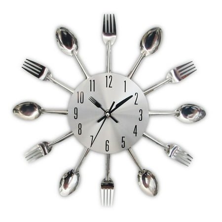 Wall Clock Analog Spoon Fork Home Restaurant Stainless Steel Crea*tive (Silver,12 inch)