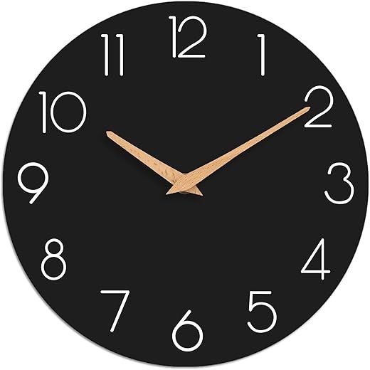 Wall Clock, Black Wooden Silent Non-Ticking, Decorative Battery Operated Wall Clocks for Bedroom, Kitchen, Home, Living Room, Office, School, Hotel (8 Inch)