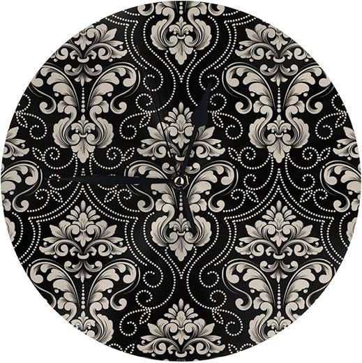 Wall Clock for Living Room Decor, Elegant Black Floral Damask Wall Clocks Battery Operated Silent Non Ticking, 10 Inch Modern Wall Clock Decorative for Bedroom Office Kitchen