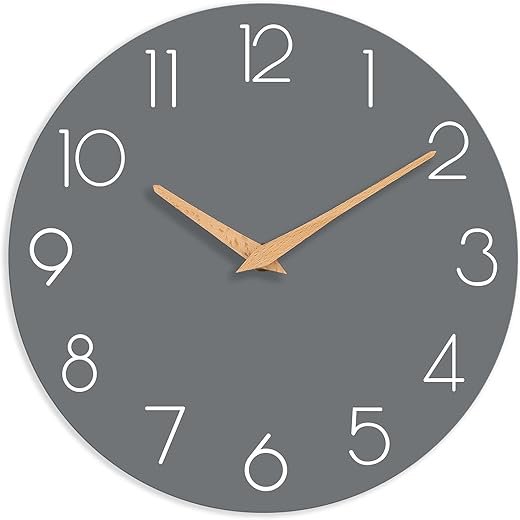 Wall Clock, Gray Wooden Silent Non-Ticking, Decorative Battery Operated Wall Clocks for Bedroom, Kitchen, Home, Living Room, Office, School, Hotel (8 Inch)