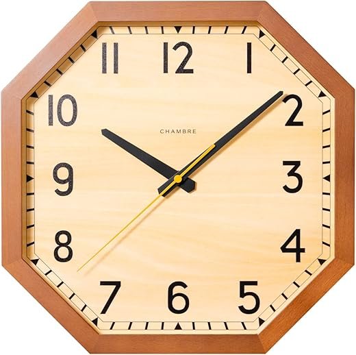 Wall Clock Japanese Handcrafted Octagon Solid Wood Clock Silent Non-Ticking Battery Operated Modern Decorative for Living Room Bedroom Office Octagon Clock CH-054 (Brown)