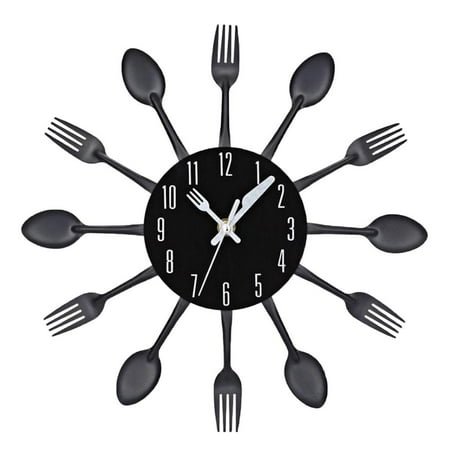 Wall Clock Metal Kitchen Cutlery Utensil Creative Home Decor Wall - Black