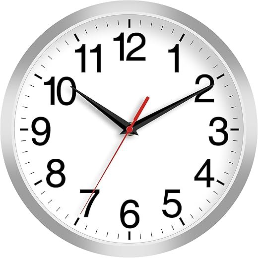 Wall Clock Modern 10 Inch Battery Operated Silent Non Ticking Analog Clock Decorative for Bedroom Kitchen Bathroom Office Home Living Room (Silver)