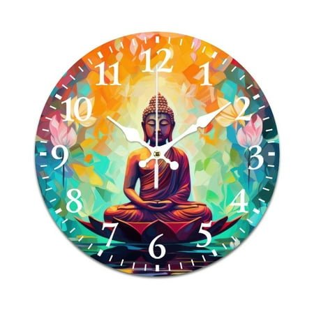 Wall Clock Mute without Ticking-Colorful Buddha Statue Meditation Pattern Funny Living Room and Kitchen Wall Clock, Battery Powered, Suitable for Home/Office/Classroom/School