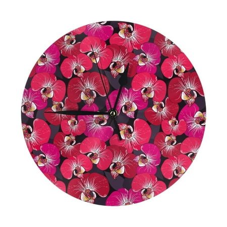 Wall Clock Red Orchids Flowers Wall Clocks Battery Operated, Modern Wall Clock for Bedroom, Classroom, Living Room, Office, Home Decor