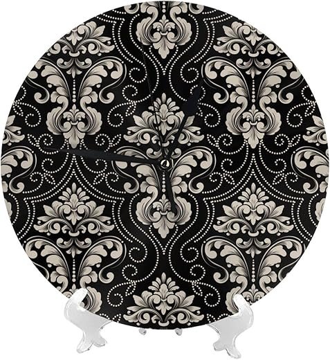 Wall Clocks Battery Operated 10 Inch - Elegant Black Floral Damask Modern Silent Small Wall Clocks for Living Room Bathroom Kitchen Office Decor Decorative with Stand