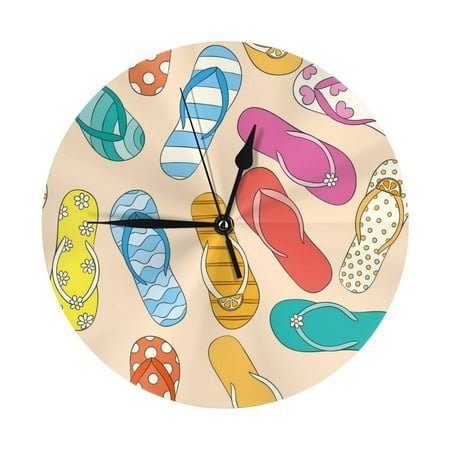 Wall Clocks Battery Operated, Colorful Summer Flip Flops 9.8 Inch Silent Non Ticking Decorative Large Wall Clock, Wall Clock for Living Room Bathroom Kitchen Bedroom Wall Decor