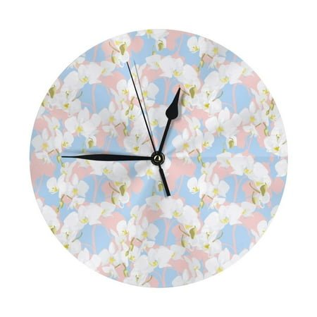 Wall Clocks Battery Operated, Pink White Orchids Flowers 9.8 Inch Silent Non Ticking Decorative Large Wall Clock, Wall Clock for Living Room Bathroom Kitchen Bedroom Wall Decor