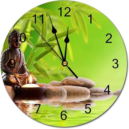 Wall Clock Silent Non Ticking PVC Clocks, Buddha Meditating with Burning Candles, Bamboo Leaves and Stones C, Battery Operated 12in(30cm), Round Farmhouse Clock, Rustic Clocks Decor, Made in The USA