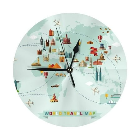 Wall Clock World Travel Map Wall Clocks Battery Operated, Modern Wall Clock for Bedroom, Classroom, Living Room, Office, Home Decor