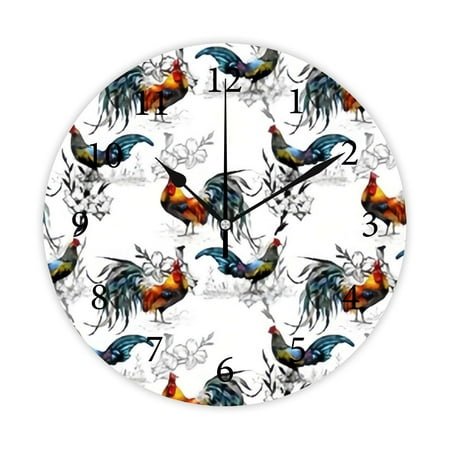 Wellsay Round Wall Clock, Farm Roosters Silhouettes and Flowers 10in Battery Operated Quartz Analog Quiet Desk Clock for Home,Kitchen,Office,School