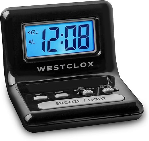 Westclox LCD Digital Bedside Alarm Clock with Blue Backlit Display and Snooze Function, Battery Operated, (Black, 3-Inch)