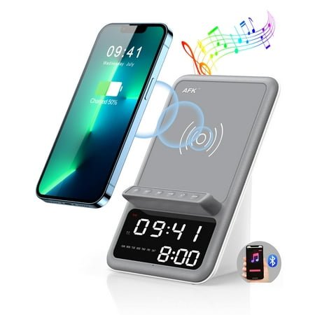 Wireless Charging Station with Alarm Clock, 4 in1 Wireless Charger with Bluetooth Speaker suitable for iPhone15 14 13 12 11 Pro Max,Samsung and Other Android Phones,Grey