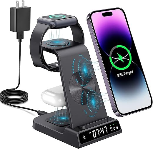 Wireless Charging Station, YiJYi 3 in 1 Watch Charger Stand with Digital Clock Suitable for iWatch SE/6/5/4/3/2/1,AirPods Pro, for iPhone 16/15/14/13/12/11 Pro Max/XS/XR/X/8/Samsung S23/S22/S21