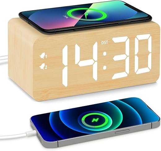 Wood Digital Alarm Clock with 10W Fast Wireless Charger, USB Charging Ports, DST, Dimmable, Snooze, Large Number LED Display for Bedrooms, Desk, Living Room Table, Bedside, Nightstand (Bamboo)