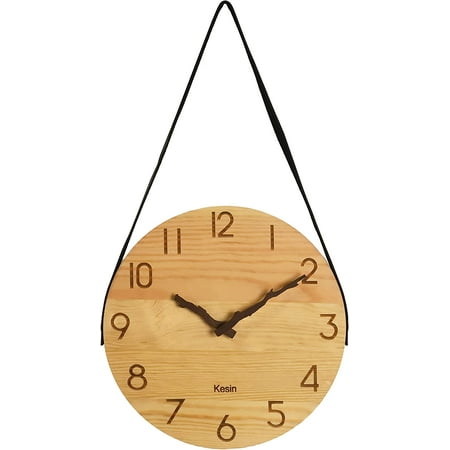 Wooden Wall Clocks 10 inch Silent Wall Clock Battery Operated Hand Made Round Farmhouse Clock with Rope Hanging Home Decor for Kitchen, Living Room, Bedroom, Office (Nature)