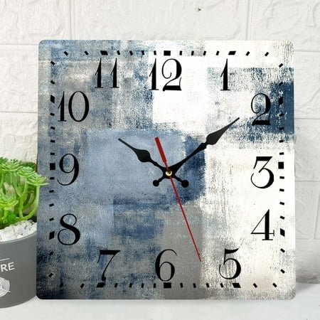 Wooden Wall Clock Silent Non-Ticking, Blue Grey Abstract Painting Gray Contemporary Square Rustic Coastal Wall Clocks Decor for Home Kitchen Living Room Office, Battery Operated (12 Inch)