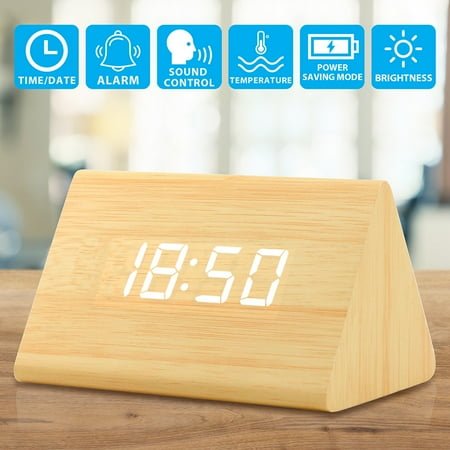 Wooden Wood Clock New LED Alarm Desk Clock Displays Time Date Temperature - Bamboo