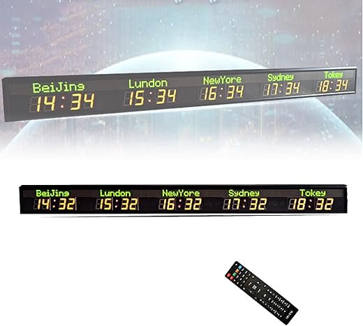 World Clock 5 Time Zone Digital Led Clock, 5 City World Time Clock, LED Wall Clock Countdown Timer for Office/Home/Living Room/School