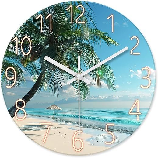 XFM Glass Palm Treee Wall Clocks Battery Operated 12 Inch Blue Coastal Wall Clock Silent Non Ticking Beach Wall Clock for Living Room