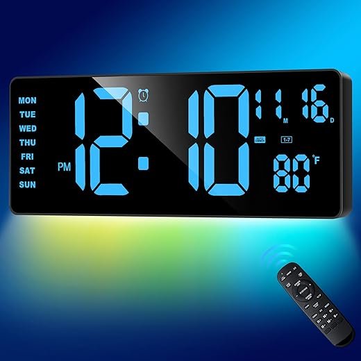 XREXS Digital Wall Clock Large Display, 16.5" LED Wall Clock with 6 Color Changes Night Lights, Auto DST, Count Up/Down Timer Clock with Remote Control for Living Room Bedroom Office Wall Decor