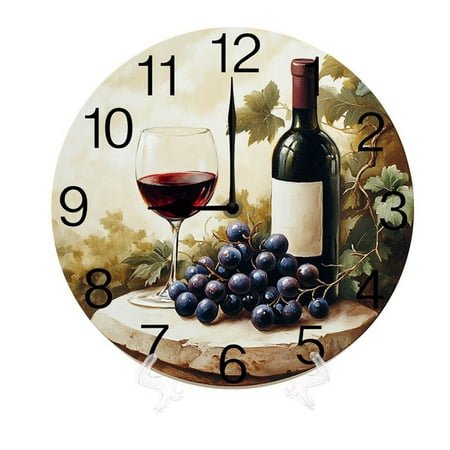 Yjiankangz Wine Cheese Barrel Wall Clock Ripe Grapes Wine Bottles Glasses Wooden 10 Inch Silent Non Ticking Battery Operated Clock Vintage Round Clock for Living Room Bedroom Bathroom Office Decor