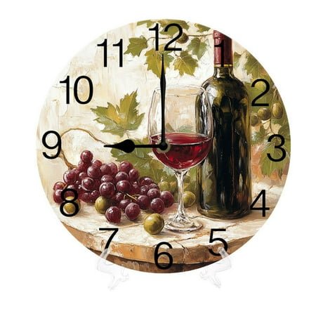 Yjiankangz Wine Cheese Barrel Wall Clock Ripe Grapes Wine Bottles Glasses Wooden 10 Inch Silent Non Ticking Battery Operated Clock Vintage Round Clock for Living Room Bedroom Bathroom Office Decor