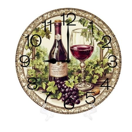 Yjiankangz Wooden Wine Wall Clock Silent Non Ticking,Round Grape Retro Clocks Battery Operated Watercolor Vintage Desk Clock 10 Inch Quartz Analog Quiet Bedroom Living Room Home Decor