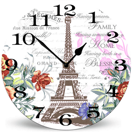 Ymaotrade Flower and Iron Tower Style Wood Wall Clock 10in Battery Operated Non-Ticking Wall Clock, Rustic Farmhouse Wood Wall Clock for Bedroom, Kitchen, Home, Pet Lover Gift, School