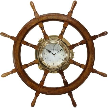 YULUO Oversized 33.25 Diameter Nautical Vintage Rustic Wood and Brass Ship Steering Helm Boat Wheel Wall Clock Decor 3D Art Decorative Old World Pirate Captain Rudder