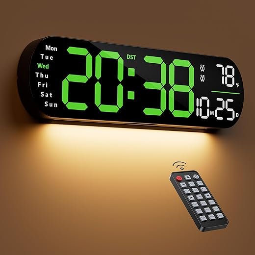 Zgrmbo Digital Wall Clock, 13 Large Display Digital Clock with Remote Control, Auto-Dimming Wall Clock with Night Light, DST, Date Week,Temp for Living Room, Bedroom, Decor, Gift for Elderly