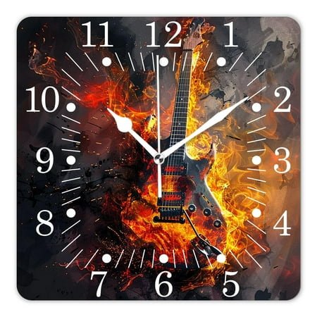 10 Inch Wall Clock Battery Operated Square Clock for Office, Kitchen, Outdoor, Living Room,Fire Rock Guita Music Stunning