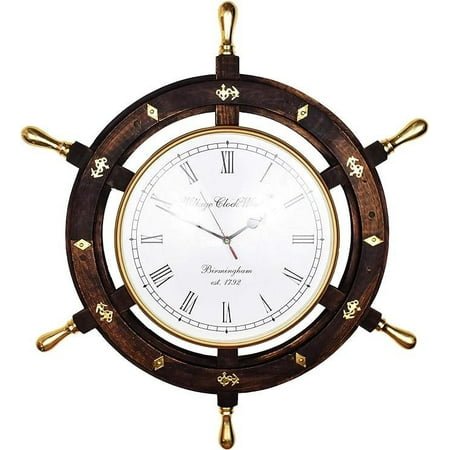 12 Handcrafted Nautical Premium Ship Wheel Clock with Directional Pirate's WHITE Dial Face with Brass HANDLE & ANCHOR ! Wooden Ship Wheel Clock | Home Decor Wall Clock