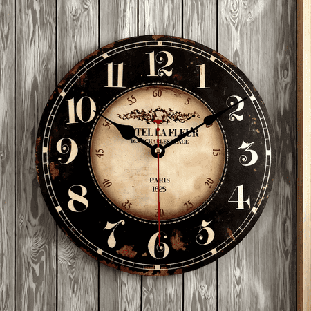 12 inch Round Black Paris Decorative Wall Clock with Big Arab Numerals, Retro Wood Wall Clock for Living Room,Office and Kitchen,Colorful Quality Quartz Quiet Round Wall Clock