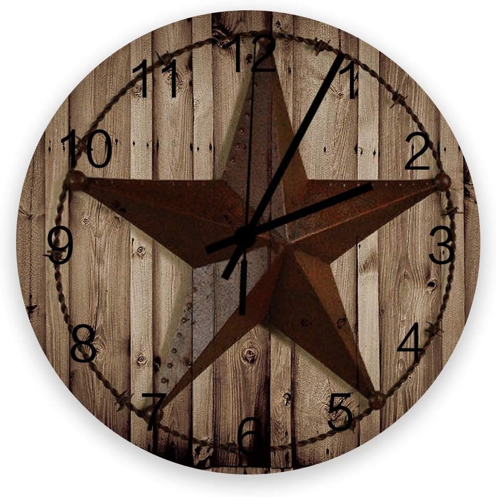 12 Inch Silent Round Wooden Wall Clock Western Texas Star Rustic Wood Grain Wall Clock, Non Ticking Battery Operated Quartz Home Decor Wall Clocks for Living Room/Kitchen/Office