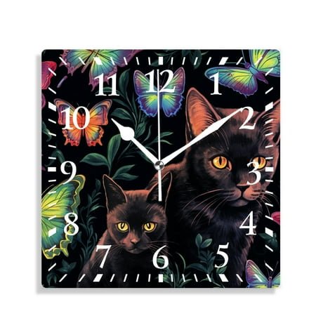 12 Inch Wall Clock Battery Operated Silent Clock Decorative for Office, Kitchen, Outdoor, Living Room，Colorful Cute Cat Butterfly Polka Dot Multicolor