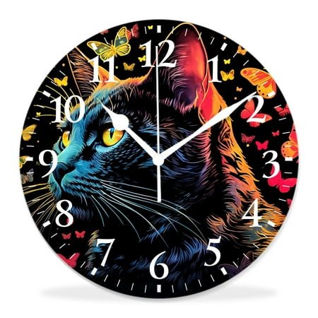 12 Inch Wall Clock Battery Operated Silent Clock Decorative for Office, Kitchen, Outdoor, Living Room，Colorful Cute Cat Butterfly Polka Dot Design