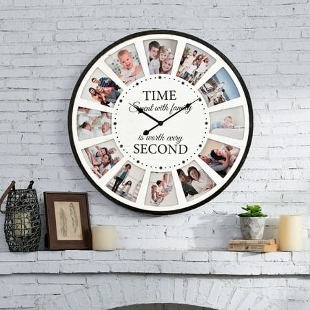 12 Photo Collage Family Quote Wood Wall Clock, Rustic Farmhouse Wall Clock, Large Oversized Wall Clock for Home, Kitchen, Living Room, Silent Battery Powered 24 Inch White