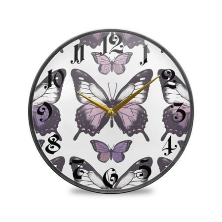 12 Round Silent Wall Clocks Purple Butterfly Acrylic Battery Operated Clock Non-Ticking Clocks Bedroom Living Room Home Decorative