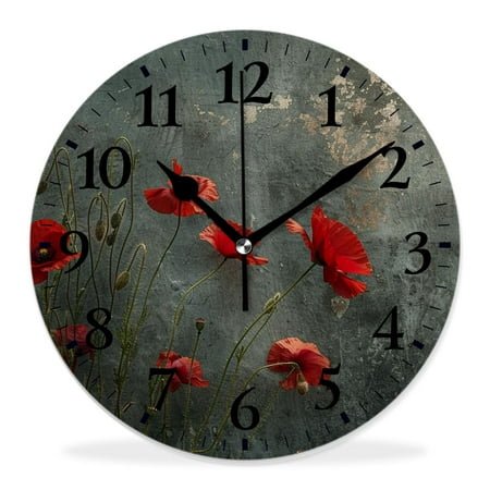 14 Inch Wall Clock Battery Operated Silent Clock Decorative for Office, Kitchen, Outdoor, Living Room，Poppy Flower Vintage Landscape Nature Scenery Vintage Natural