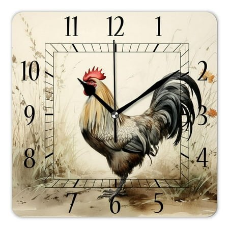 14 Inch Wall Clock Battery Operated Square Clock Decorative for Office, Kitchen, Outdoor, Living Room，Chinese Rooster Oil Painting Watercolor Print