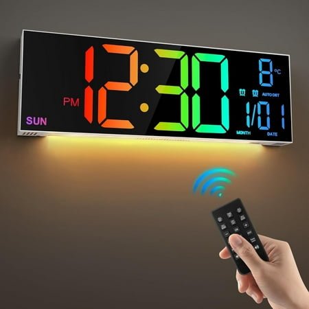 16.2'' Large Digital Wall Clock with Remote Control, Big LED/Dual Alarm/8 RGB Colors/Auto Brightness/Date/Auto DST/Temperature/Night Light Gym Clocks for Living Room Bedroom Office Wall Decor