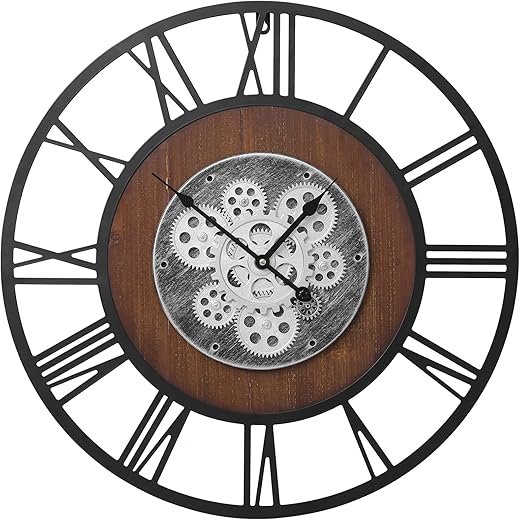 24 Inch Industrial Gear Wall Clock, Farmhouse Inspired Decor with Real Moving Gears, Large Wall Clock for Living Room and Office, Steampunk Style, Battery Operated Home Decoration