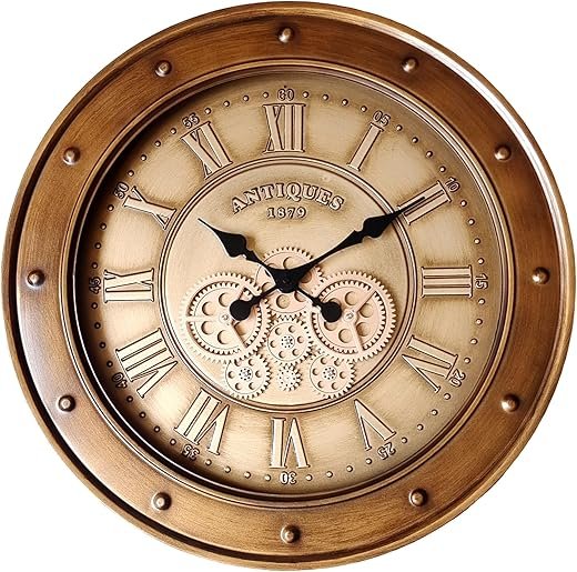 24" Wall Clock with Real Moving Gears, Large Vintage Industrial Steampunk Decor Wall Clock, Antique Bronze Gold Roman Numeral Metal Wall Clocks for Living Room Farmhouse