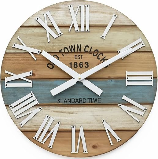 24" Wooden Multi-Color Maritime Coastal Beach Large Roman Wall Clock (Blue, 24 inch)