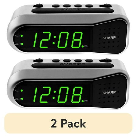 (2 pack) SHARP Digital Dual Alarm Clock, Silver with Green LED Display, Ascending Alarm