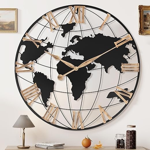 30 Inch Extra Giant Large Wall Clock Oversized,Black Big Metal Modern Decorative Silent World Map Wall Clock with Vintage Gold Roman Numeral for Office,Living Room,Kitchen,Dining Room Decor