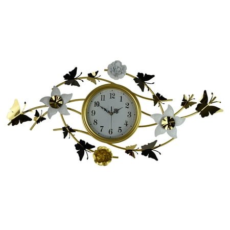 39 Metal Gold and White Butterfly and Flower Wall Clock