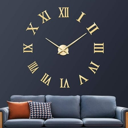 3D DIY Wall Clock, Giant Roman Numerals Clock Frameless Mirror Big Wall Clock Home Decoration for Living Room Bedroom