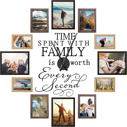 3D Large Collage Photo DIY Wall Clock, Picture Frame Set of 12 with 8x10, 5x7, 4x6 in 3 Different Finishes Photo Frame DIY Family Quote Wall Stickers Clock Kit for Living Room